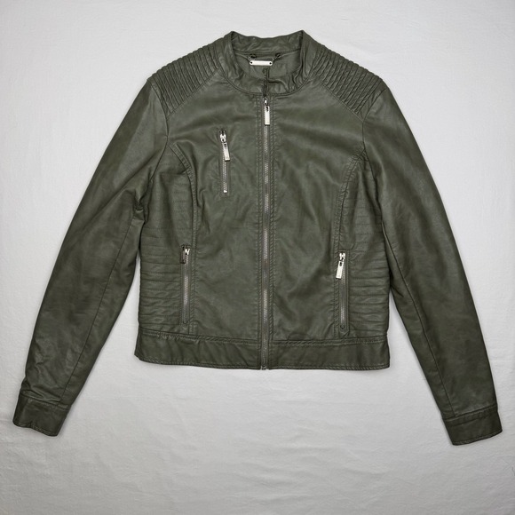 Joujou Faux Leather Jacket Size Medium Coat Zip Up Moto Classic Green Motorcycle - Picture 2 of 9